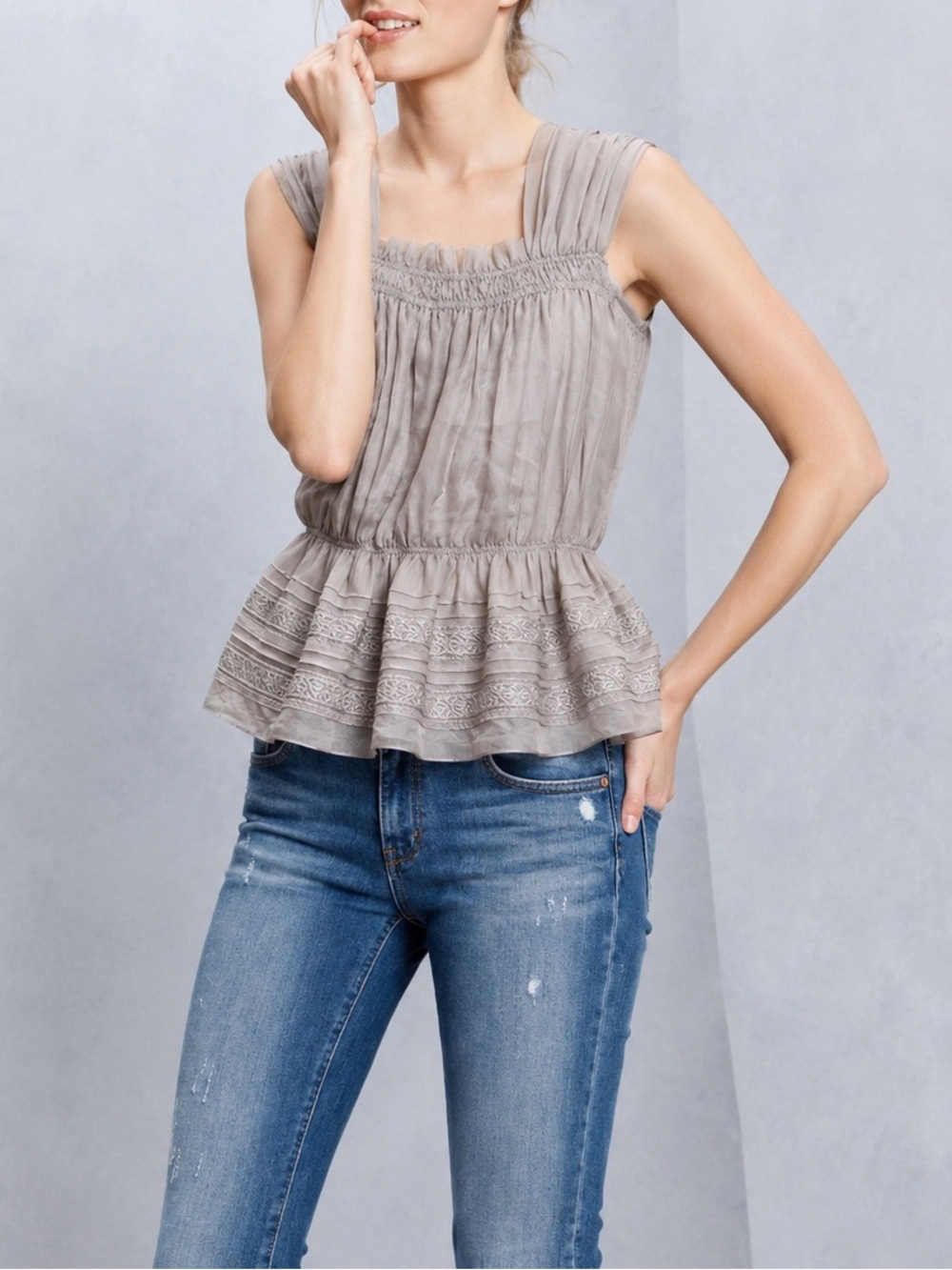 Light Taupe Sleeveless Peplum Blouse (0824)